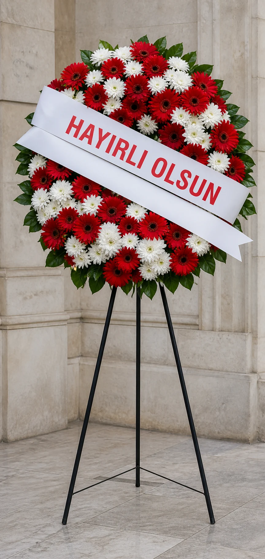 Hayırlı olsun yazılı kırmızı beyaz Türk usulü açılış çelengi