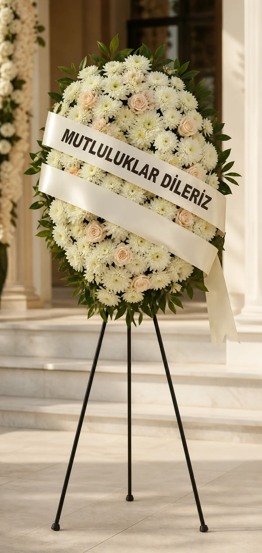 Mutluluklar dileriz yazılı beyaz Türk usulü düğün çelengi