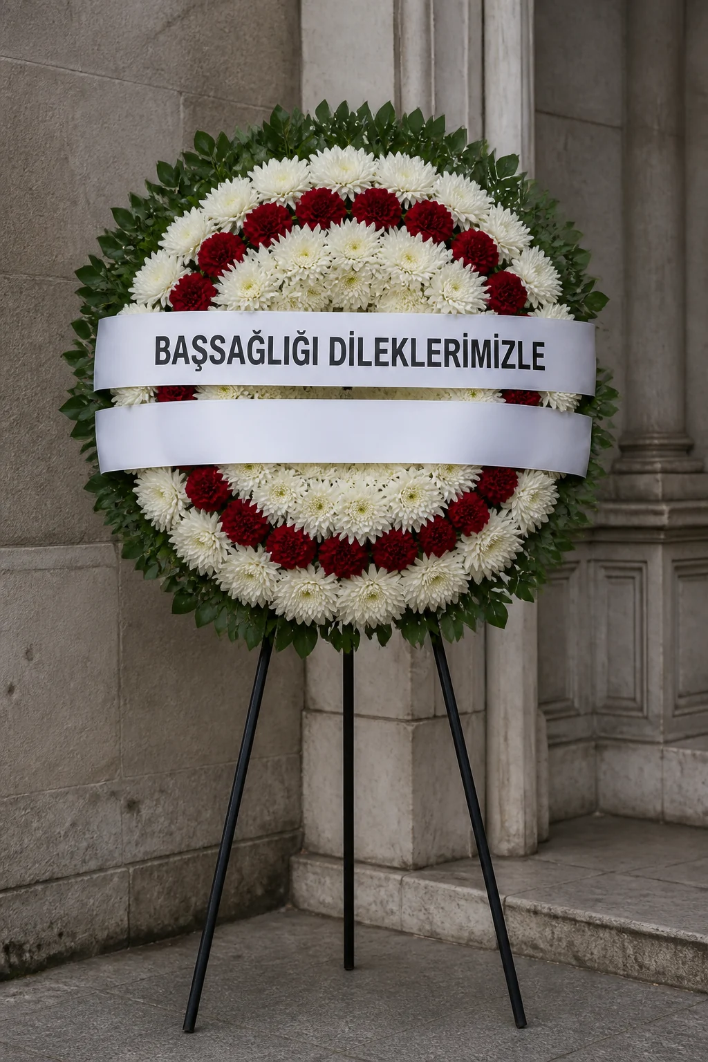 Başsağlığı dileklerimizle yazılı kırmızı beyaz Türk usulü taziye çelengi